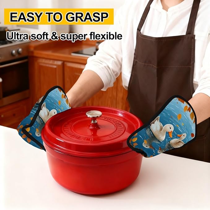 Swimming Cartoon Duck Pot Holders with Pockets 2 PCS, Heat Resistant Oven Mitts Hot Pads for Kitchen Baking Cooking, Square Thick Pot Holders Kitchen Hot Potholders, 8.5x10 Inches
