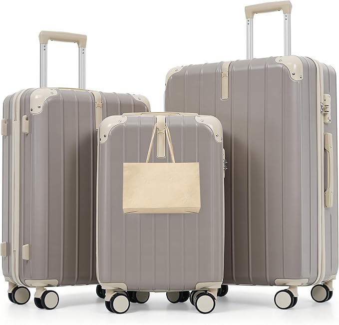 Hardshell Luggage Sets, Lightweight Stripes Suitcases with Spinner Wheels, Light Grey