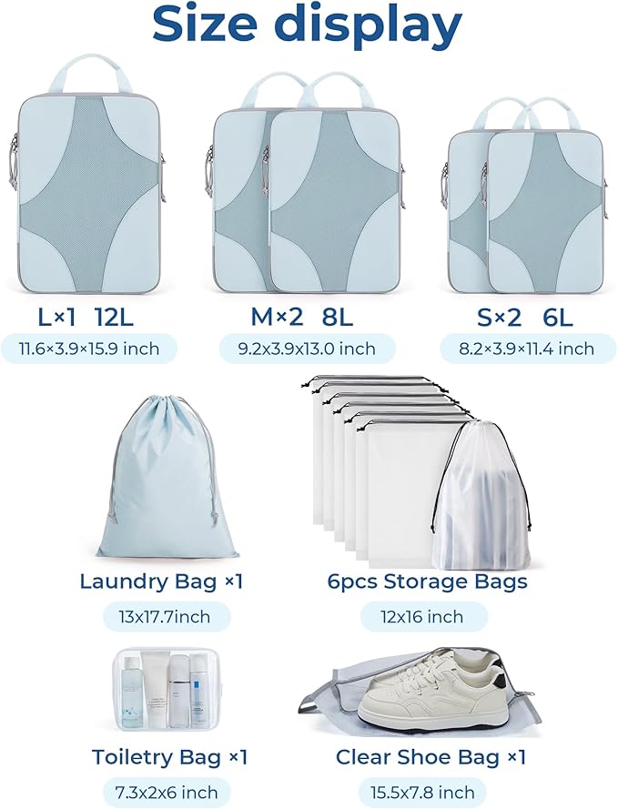 BAGSMART Compression Packing Cubes for Travel, 6 Set/14 Set Compressible Luggage Organizer for Cruise Ship, Lightweight Travel Essentials (1L+2M+2S+Shoe bag+Drawstring bag+Toiletry bag+6Plastic bags)