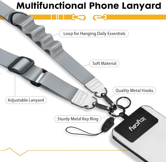 Icycay Phone Lanyard Crossbody, Silver Gray Cell Phone Strap for Around The Neck Adjustable, Anti Theft Cute Lanyard for ID Holder Keys Accessories Travel Essential