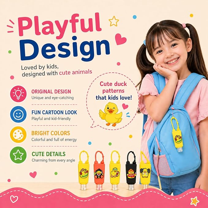 5-Pack Kids Cartoon Hand Sanitizer Holder (No Sanitizer Included), 30ml Refillable Travel Bottles with Silicone Case, Leak-Proof for Lotion & Liquid Soap (Duckie Fun)