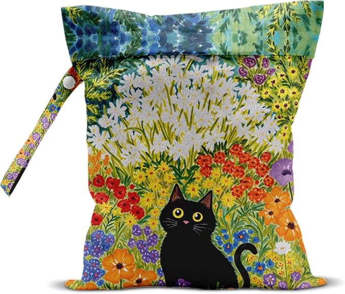 Black Cat Floral Wet Dry Bags Reusable Waterproof Wet Bags Swimsuit Bag Diaper Pouch for Swimsuits Travel Diapers Towels Beach Gym Cat Gifts for Women Friend Travelers 10 x 13 Inches