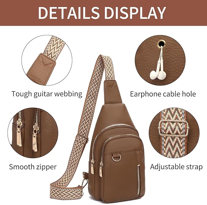 GAEKEAO Sling Bag for Women Vegan Leather Crossbody Bags Travel Fanny Pack Chest Bag Purse with Adjustable Wide Guitar Strap