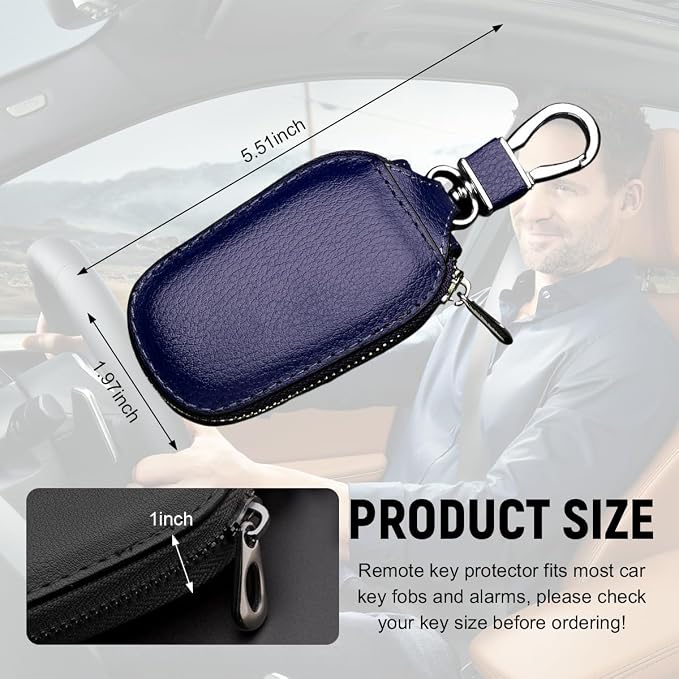 Yourkar 2 PCS Car Key Case, Genuine Leather Auto Key Fob Storage Bag, Key Chain Holder Key Ring Zipper Bag, Car Accessories (Black+Blue)