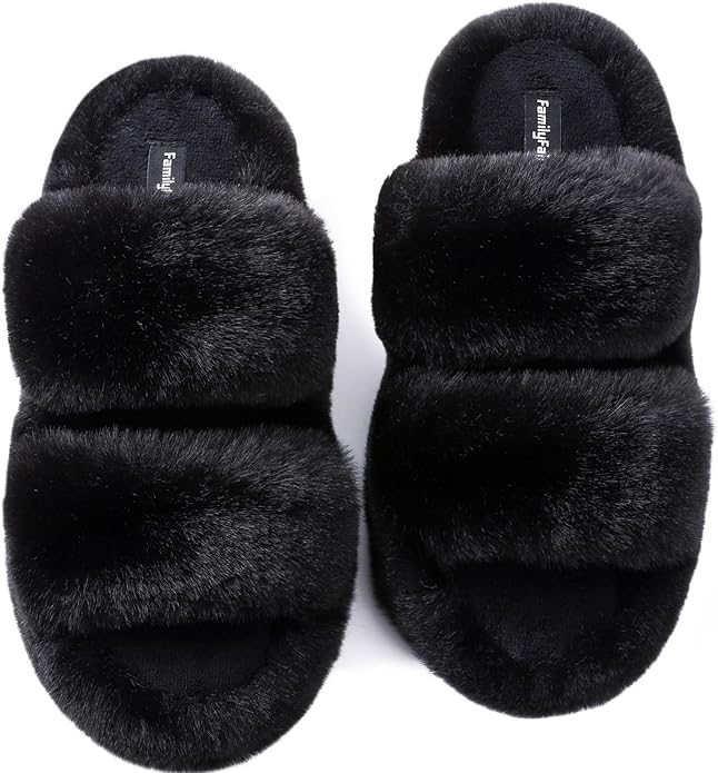 FamilyFairy Women's Fluffy Faux Fur Slippers Comfy Open Toe Two Band Slides with Fleece Lining and Rubber Sole