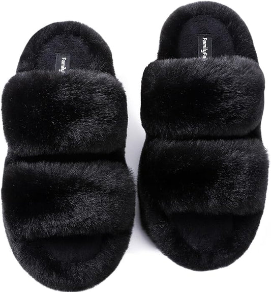 FamilyFairy Women's Fluffy Faux Fur Slippers Comfy Open Toe Two Band Slides with Fleece Lining and Rubber Sole