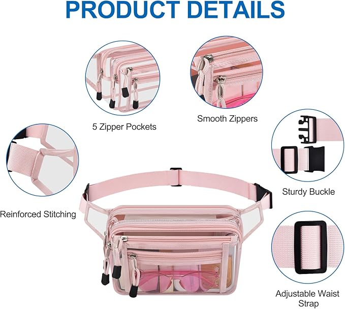 Clear Bag Stadium Approved Clear Fanny Pack for Women for Work,Multi-purpose Waist Bag for Travel & Sporting Event