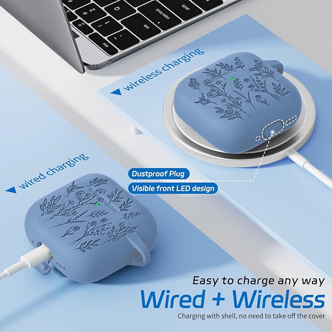 for Airpods 4 Case, Ekoonpft Flower Engraved Cases for Apple AirPods 4th Generation 2024, Soft Silicone Cover for Women Girly with 3-in-1 Cleaning Kit & Keychain, Anti-Scratch, Shockproof