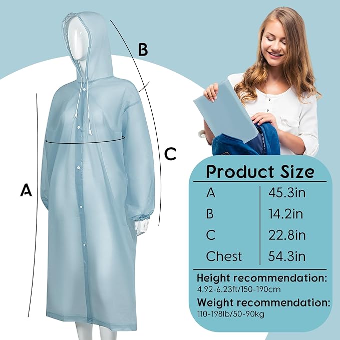 Rain Ponchos for Adults Reusable Rain Coats with Hood and Drawstring Thicken Ponchos Waterproof for Women(Blue Gray)