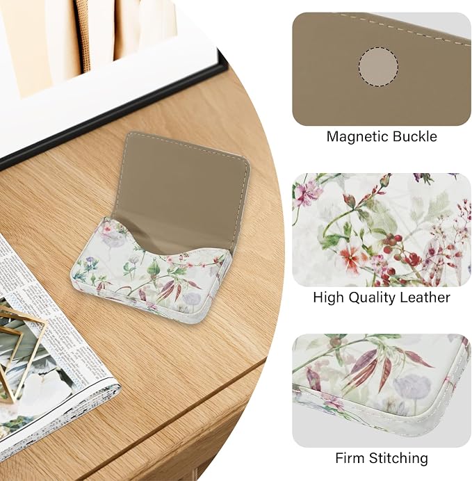 Business Card Holder，PU Leather Business Card Case Color Printing Pattern Card Holder Wallet，Pockets Magnetic Credit Card Holders for Men and Women - White Flowers
