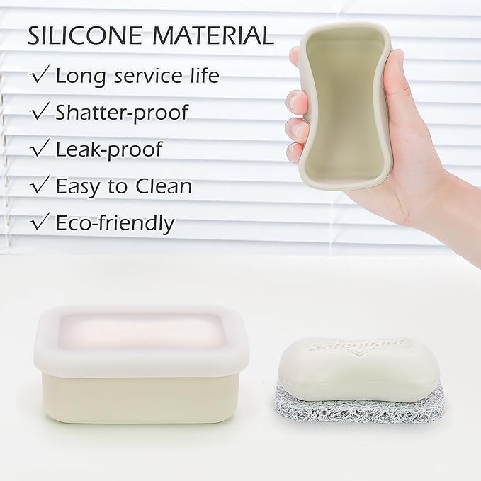AIDIMMING Leak Proof Silicone Travel Soap Case with Clear Lid & Drain Pad, Compact Bar Soap Container, Portable Soap Holder for Standard Bar Soap & Handmade Soap, Travel Camping Gym (Clear&Offwhite)