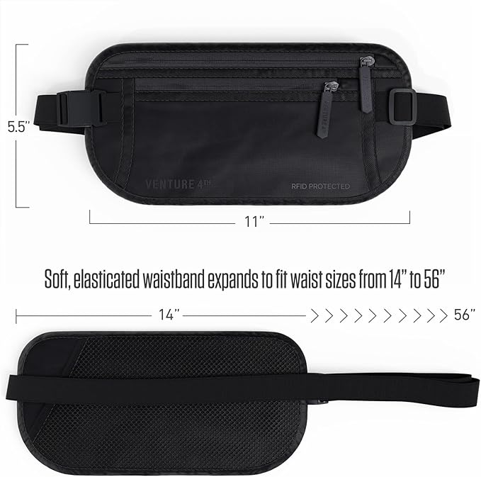 VENTURE 4TH Money Belt for Travel – Slim Hidden Under-Clothes RFID Blocking Anti-Theft Passport Holder & Travel Wallet Pouch for Men & Women to Protect Cash, Cards & Documents (Sleek Black)