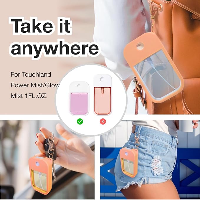 4 PCS Soft Silicone Case for Touchland Power Mist (1FL. OZ./30 mL), Protective and Stylish Case with Keychain Compatible with Touchland Hand Sanitizer Spray (Red/Orange/Pink/Black)
