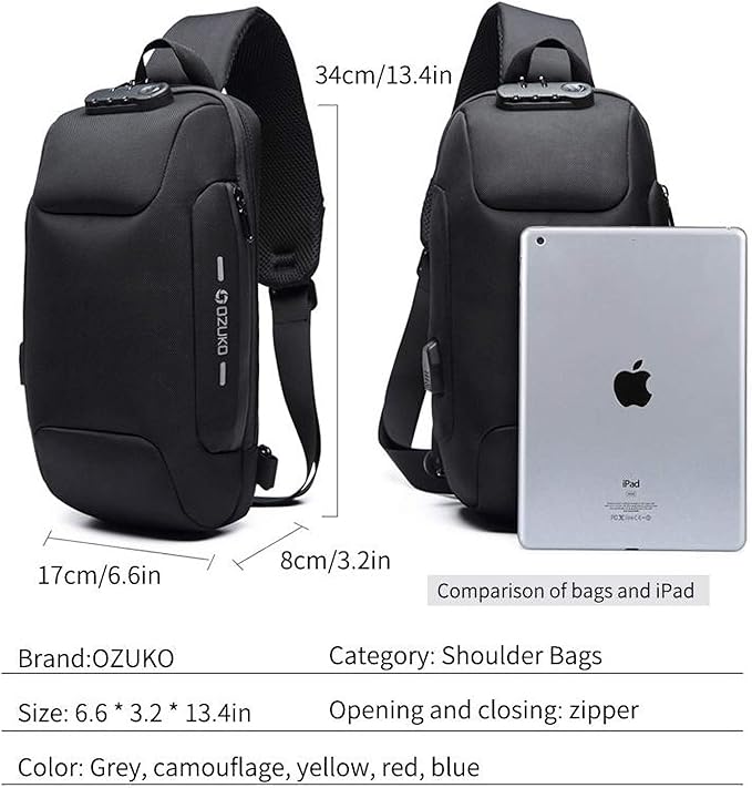 OZUKO Men Sling Backpack - Anti-Theft Crossbody Bag with USB Charging Port, Waterproof Lightweight Travel Hiking Commute Bag(Black)