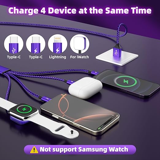Travel Essentials 4in1 Multi Charging Cable for iPhone Watch Charger,USB A to Dual Type C/IP/iWatch Charger Travel Chargers for Multiple Devices Compatible with iWatch Series&iPhone 17-12 3Packs, 5FT