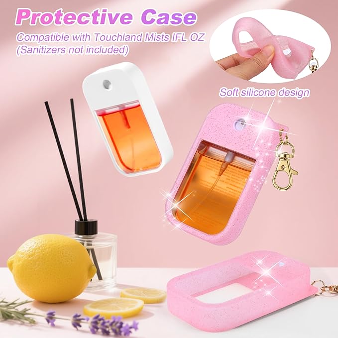 AIERSA 3Pcs Hand Sanitizer Spray Case Compatible with Touchland,Rabbit Ears Design Silicone Hand Sanitizer Case Holder with Keychain for Touch Land Mist Case 1FL. OZ（Green+Pink+Blue