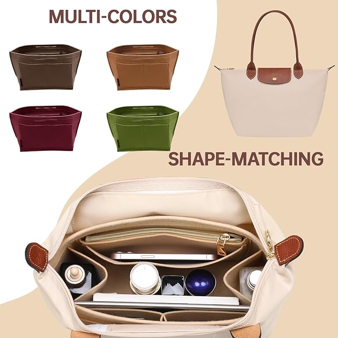 OPPOSHE Purse Organizer Insert for Longchamp Le Pliage, Premium Felt Long Champ Bag Handbag Women, Tote Organizer Insert with 9 Compartments (Medium, Dark Brown)