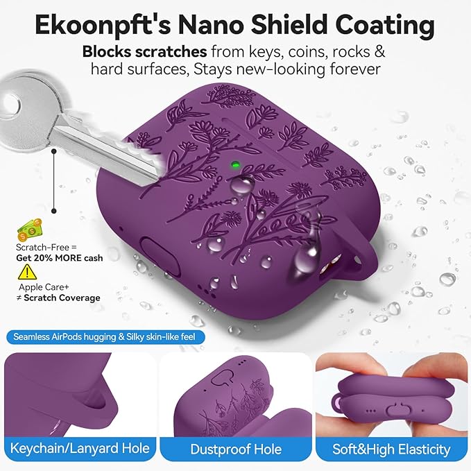 for AirPods Pro 2 Case, Ekoonpft Silicone AirPod Pro Cases with 3-in-1 Cleaning Kit & Keychain, Flower Engraved Cover for Apple AirPods Pro 2nd/1st Generation, Shockproof & Anti-Scratch