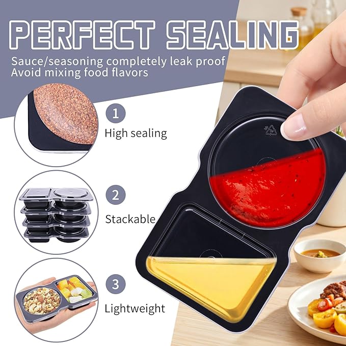 20 Pack Reusable Snack Containers with Lids - Double Compartment Condiment Snack Pack Containers with 20 Forks, Microwave Safe Portion Control Containers for Meal Prep, Take-out, Party & Travel(Black)
