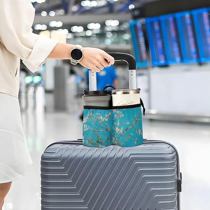 Luggage Cup Holder for Suitcases Free Hands Suitcase Cup Holder Travel Luggage Drink Holder Portable Luggage Cup Caddy Bag Carrier with Handle Van Gogh Apricot Flowers