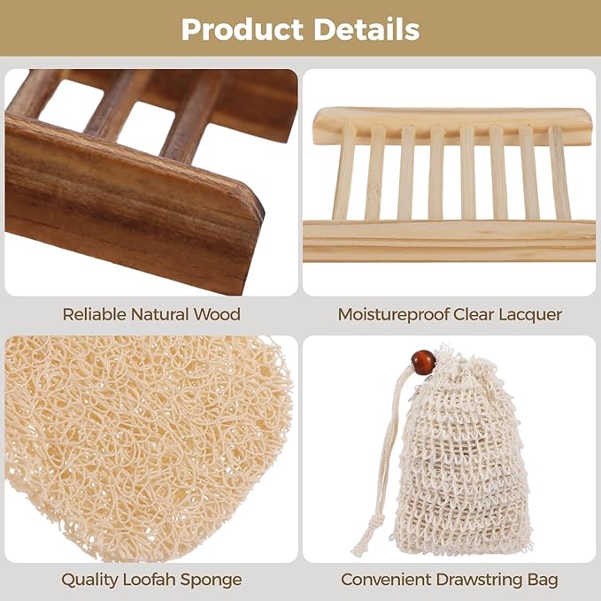 60PCS Soap Saver Set,Bamboo Soap Holder Including 20 Wood Soap Dishes with Waterproof Lacquer, 20 Loofah Soap Pads, 20 Cotton Linen Drawstring Soap Bags, Soap Saver Set for Bathroom, Shower, Travel