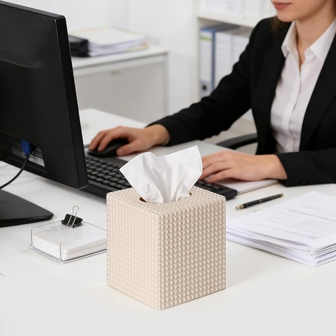 2 Pack Tissue Box Cover Beige, Square Acrylic Tissue Holder, Decorative Facial Tissue Box Vessel Cube Paper Organizer Dispenser for Bathroom Office, Night Stand, Desk, Car, Vanity, Countertops