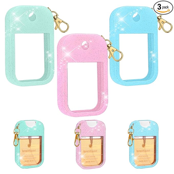 AIERSA 3Pcs Hand Sanitizer Spray Case Compatible with Touchland,Rabbit Ears Design Silicone Hand Sanitizer Case Holder with Keychain for Touch Land Mist Case 1FL. OZ（Green+Pink+Blue