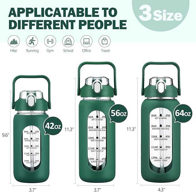 42oz Glass Water Bottles with Straw, Motivational Glass Bottle with Silicone Sleeve and Time Marker, Leakproof Large Glass Water Jug for Gym Home Office, Ink green