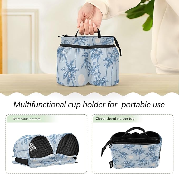 Luggage Cup Holder for Suitcases Free Hands Suitcase Cup Holder Travel Luggage Drink Holder Portable Luggage Cup Caddy Bag Carrier with Handle Light Blue Palm Trees and Sun