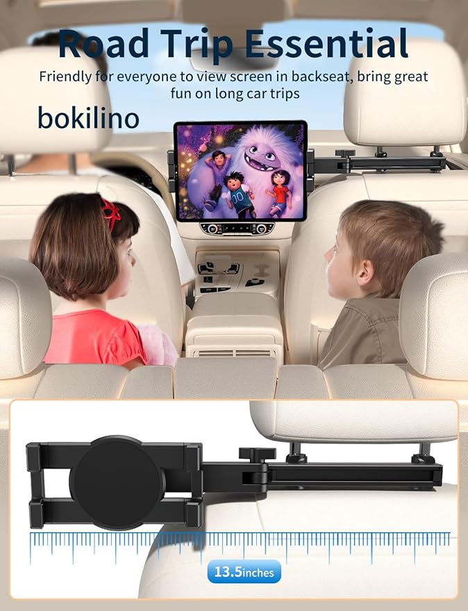 bokilino Tablet Holder for Car Headrest, [3 in 1 Adjustable Extension Arm] iPad Car Mount for Back Seat, Road Trip Essentials for Kids, for 4.7-12.9" Like iPad Pro, Air, Mini, Galaxy, Fire HD Tablet