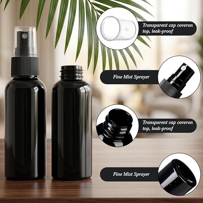 Travel Spray Bottle Set – 10 Pack 50ml (1.7oz) Empty Plastic Spray Bottles, Fine Mist Continuous Spray for Hair, Face Mist, Perfume & Toner, Refillable Travel Size Containers (Black)