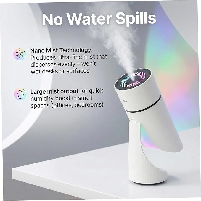 Mini Humidifier USB Rechargeable Desktop Humidifier with Night Light & Timer Quiet Personal Cool Mist for Bedroom, Office, Travel & Car