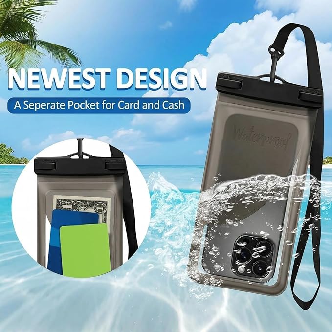 Waterproof Phone Pouch, with Interior Card Pocket, Large Waterproof Phone Case for iPhone 17 16 Pro Max, IPX8 Cellphone Dry Bag, Beach Cruise Ship Essential,1 Pack Translucent Black-8.3″