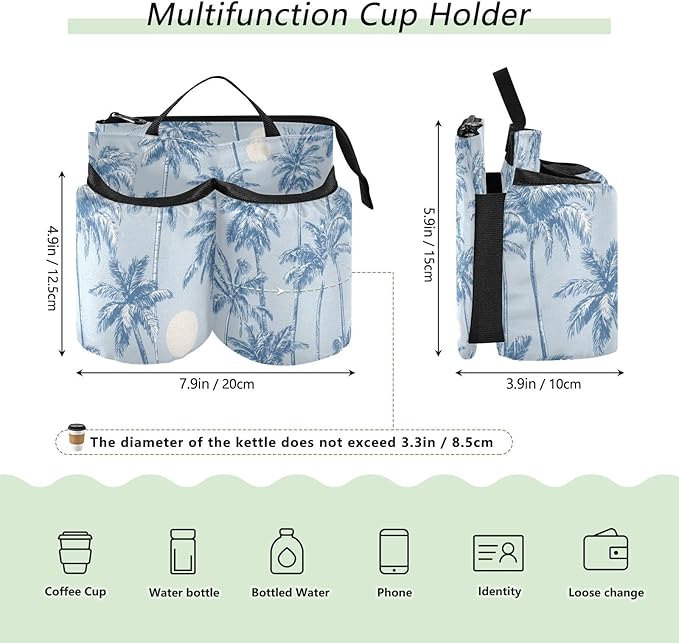 Luggage Cup Holder for Suitcases Free Hands Suitcase Cup Holder Travel Luggage Drink Holder Portable Luggage Cup Caddy Bag Carrier with Handle Light Blue Palm Trees and Sun