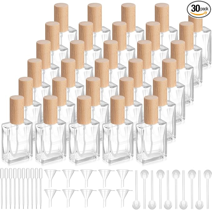 Domensi 30 Pcs 10/15/30/50 ml Glass Perfume Bottles Mini Glass Empty Spray Atomizer Bottles Bulk Refillable Perfume Dispenser Container with Pump Tool for Travel Skin Care (30 ml,Light Woddy Color)