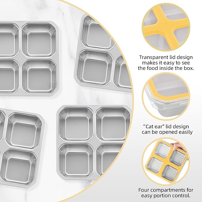 BEFOY 4 Pack Stainless Steel Snack Containers with Lids 4 Compartment Food Storage Containers for Adults & Kids Meal Prep Containers Reusablele (Yellow, 2)