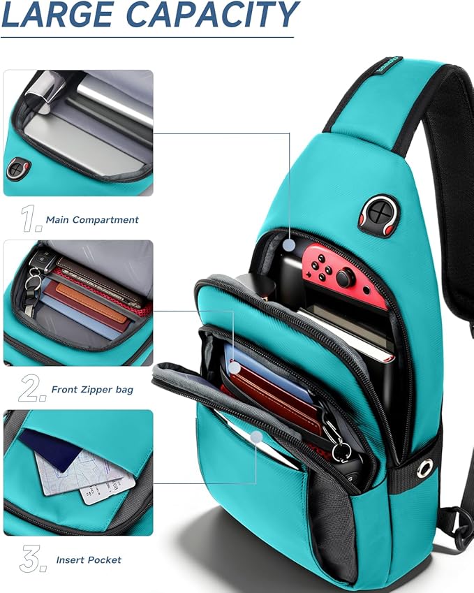 Anti-Theft Sling Bag for Women, Water Resistant Crossbody Backpack, Travel Hiking Chest Pack, Summer Travel Essentials for Beach, Theme Park & College, Fits 11 inch iPad & Switch 2, Turquoise