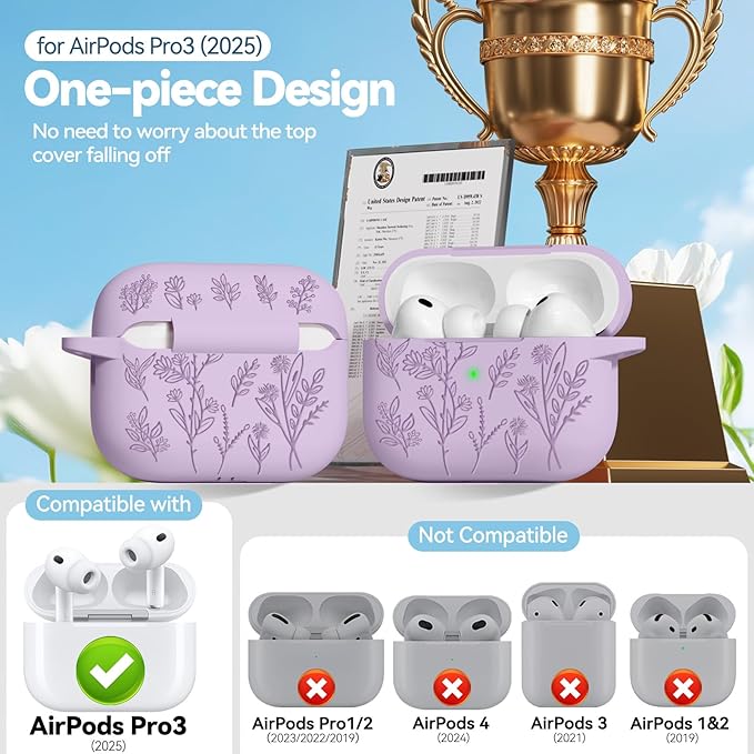 for Airpods Pro 3 Case, Flower Engraved Cases for Apple AirPods Pro 3rd Generation 2025, Soft Silicone Cover for Men Women Girly with Cleaning Kit & Keychain, Anti-Scratch, Shockproof