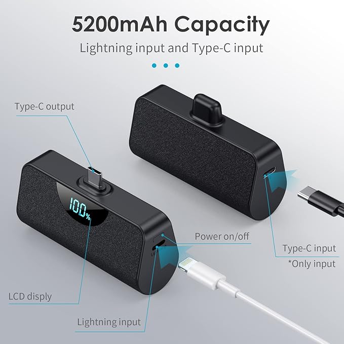 Mini Portable Charger 5500mAh Power Bank, 15w PD USB C Cell Phone Portable Power, LCD Display Battery Pack Compatible with Android Phone/Samsung Galaxy S22,S21/Note/Moto/LG/Pixel /Nexus/OnePlus 9 etc