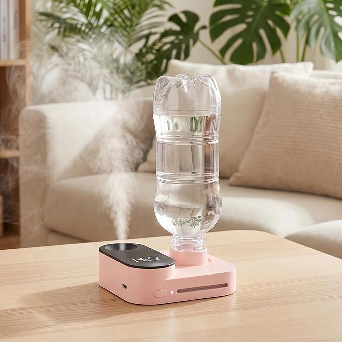 Travel Humidifier, Portable Mini Cool Mist Humidifier, Small Bottle Humidifier with Auto Shut-Off, Night Light, USB Rechargeable, for Bedroom, Office, Hotel, Car and Plants, Pink