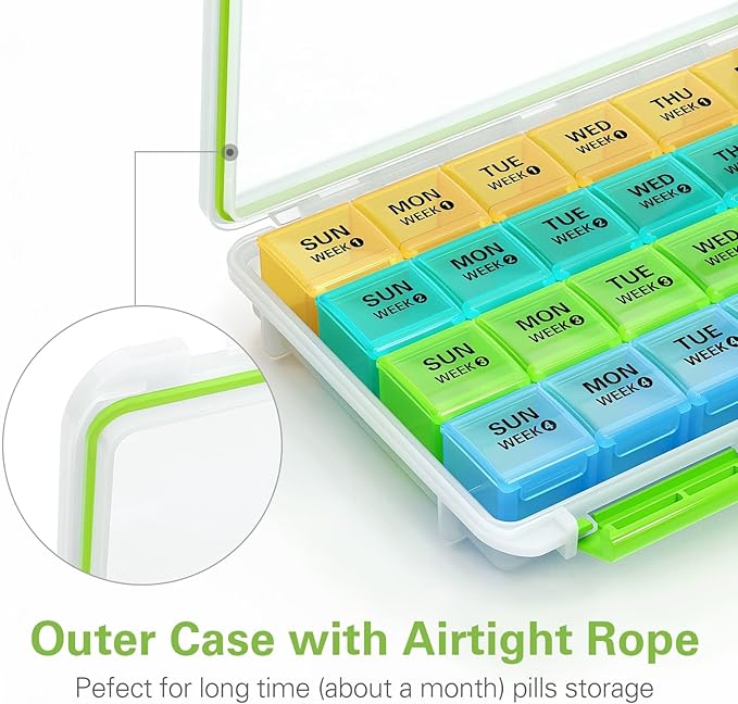 BUG HULL Monthly Pill Organizer, Moisture-Proof Large 28 Days Pill Box with Removable 4 Weeks Pill Case Rows, Medicine Pills Organizers, Travel Pill Organizer with One Month Pill Container-Grey