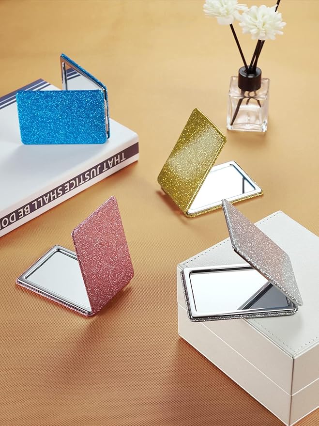 OMIRO Compact Mirror, Glitter PU Leather 1X/3X Magnification, Ultra Portable for Purses, 2.4" W x 3.4" L (Blue)