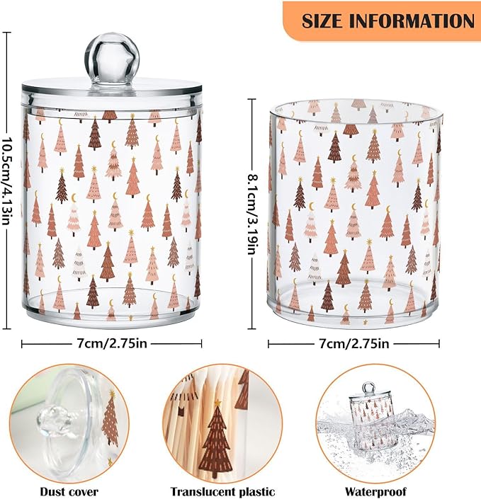 Gredecor 2 Pack Qtip Holder Clear Pastel Christmas Tree Pink Forest Apothecary Jars with Lids Acrylic Christmas Winter Bathroom Jars Vanity Canister Storage Organizer for Cotton Ball,Swabs,Pads,Floss