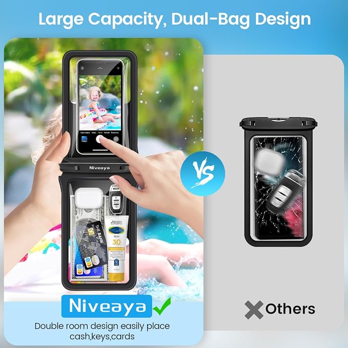 Niveaya IPX8 Double Space Waterproof Phone Pouch (up to 8.3") -2 Pack Waterproof Phone Case with Lanyard for iPhone 17 16 15 Pro Max,Touchscreen & Underwater Photography, Beach Cruise Essentials 2026