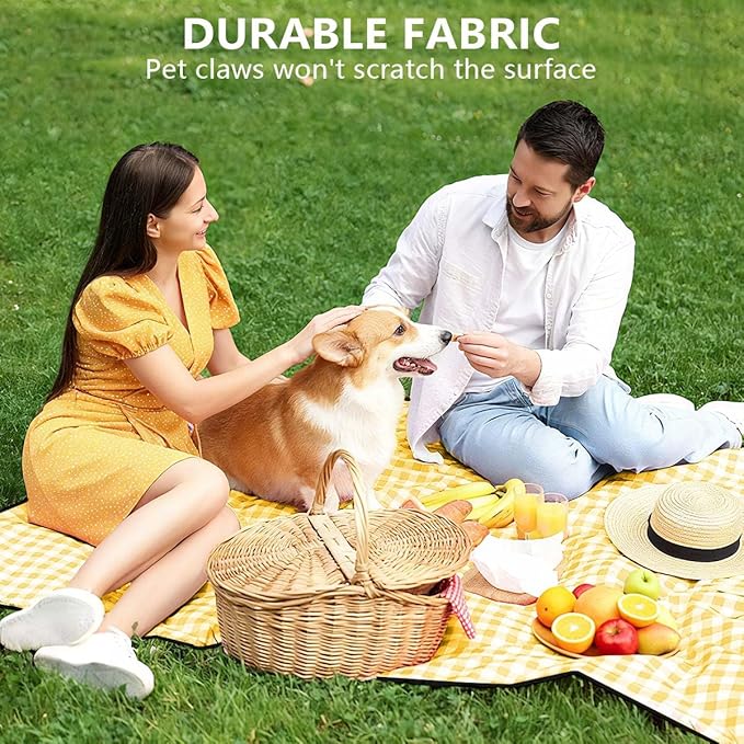 OBTANIM Extra Large Picnic Blanket 80 x 80 Inch Waterproof Foldable Beach Blankets Outdoor Picnic Mat for Camping Grass Lawn Park Music Festival Party Accessories (Yellow and White)