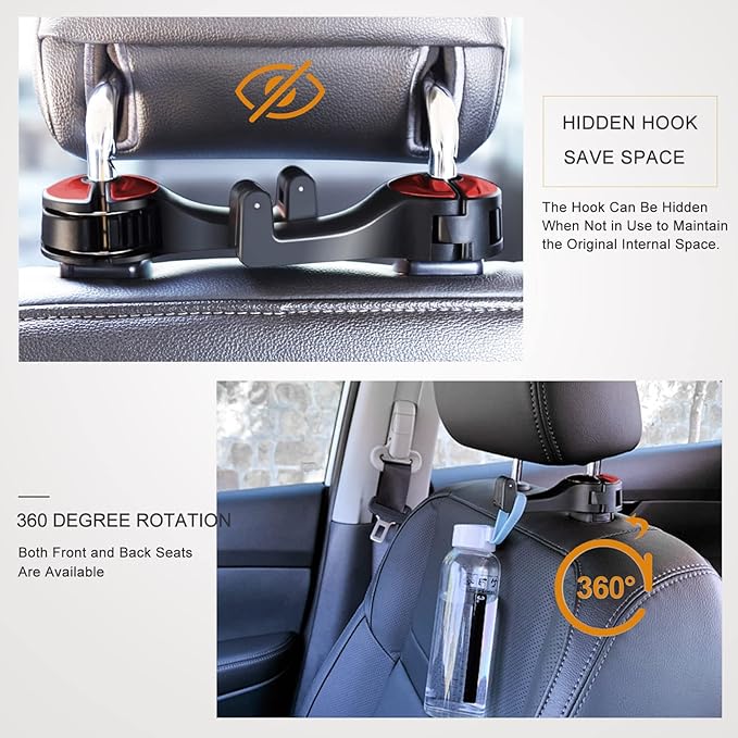 Car Headrest Hook with Phone Holder, Universal 360 Rotation Headrest Hooks for Purses and Bags (Red)
