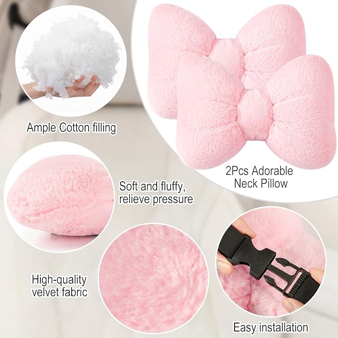 Macarrie 2 Pcs Car Neck Pillow Velvet Bow Headrest Pillow Soft Comfortable Seat Neck Support Cute Bow Car Accessories for Driving Travel Driver Chair Girl Style Interior Decor(Solid,Pink)