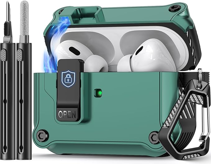 Pohgelan Compatible with AirPods Pro 2nd/1st Case,Magnetic Automatic Lock with Phone Stand & Cleaning Kit,Compatible with Magsafe Cover -Green