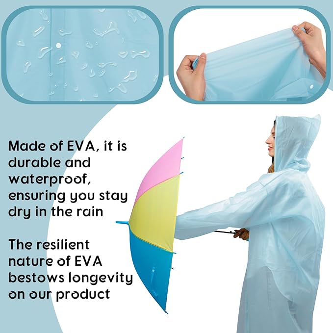 Rain Ponchos for Adults Reusable Rain Coats with Hood and Drawstring Thicken Ponchos Waterproof for Women(Light Blue)