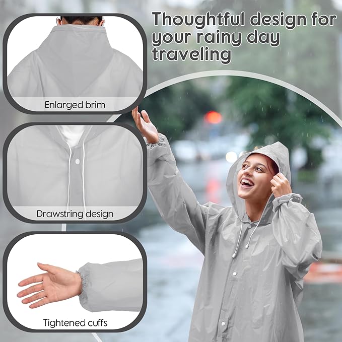 Rain Ponchos for Adults Reusable Rain Coats with Hood and Drawstring Thicken Ponchos Waterproof for Women(Grey)